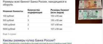 Размер купюры 1000 и 5000 рублей в см